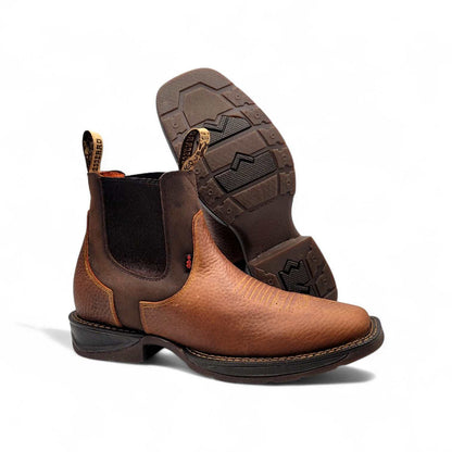 Hooch Boots Mens Square Toe Botin Honey-Brown – Genuine Leather Rubber Sole Western Boots