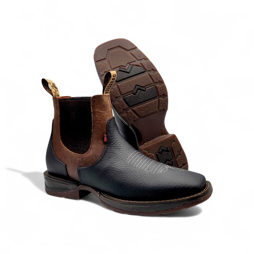 Hooch Boots Mens Square Toe Botin Black-Honey – Genuine Leather Rubber Sole Western Boots