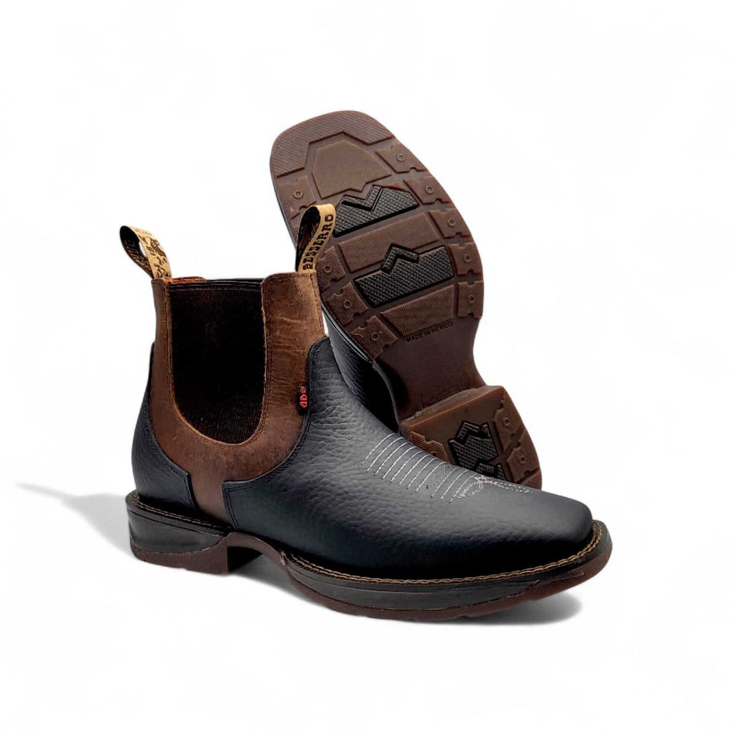 Hooch Boots Mens Square Toe Botin Black-Honey – Genuine Leather Rubber Sole Western Boots
