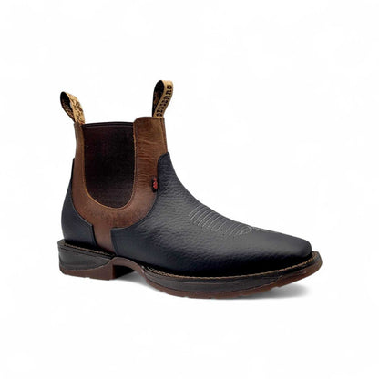 Hooch Boots Mens Square Toe Botin Black-Honey – Genuine Leather Rubber Sole Western Boots