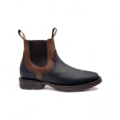 Hooch Boots Mens Square Toe Botin Black-Honey – Genuine Leather Rubber Sole Western Boots