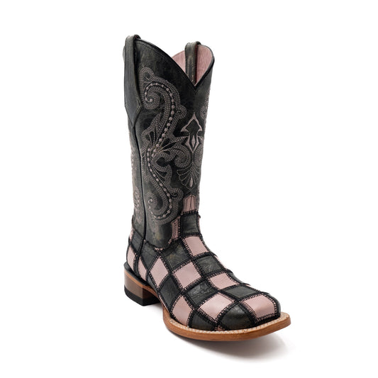 Botas de piel con parche Ferrini para mujer, hechas a mano, con punta cuadrada, color negro y rosa