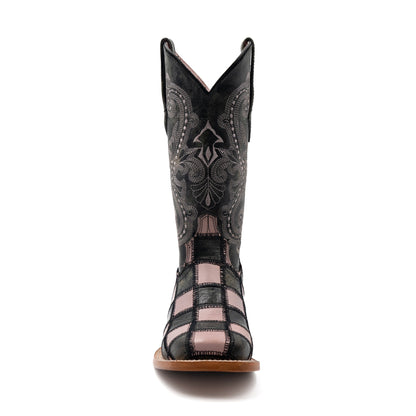 Botas de piel con parche Ferrini para mujer, hechas a mano, con punta cuadrada, color negro y rosa