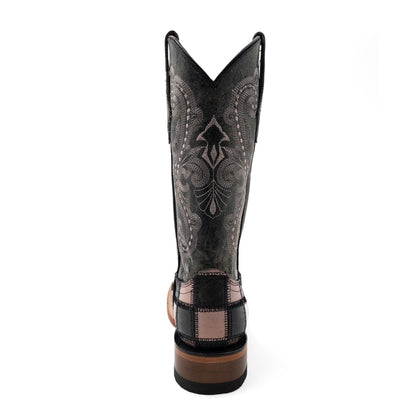 Botas de piel con parche Ferrini para mujer, hechas a mano, con punta cuadrada, color negro y rosa
