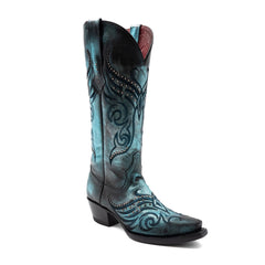 Women's Ferrini Masquerade Leather Boots Handcrafted Snip Toe Blue