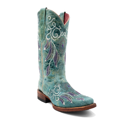 Women's Ferrini Dreamer Leather Boots Handcrafted Square Toe Sea Foam