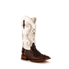 Women's Ferrini Rancher Caiman Print Boots Handcrafted Chocolate