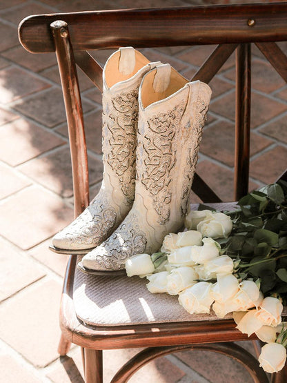 Women's Corral White Genuine Leather Boots with Glittered Inlay and Crystals