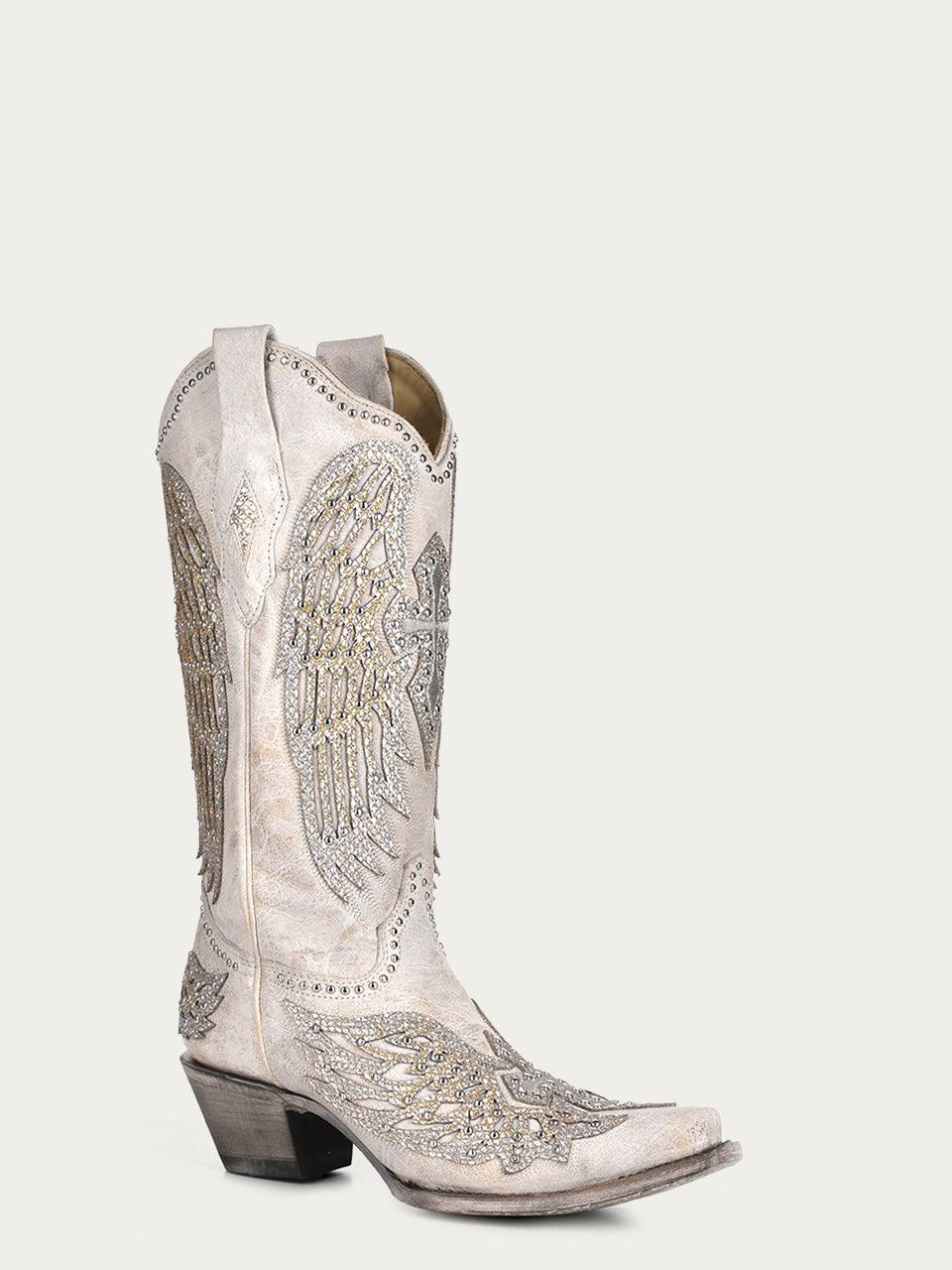 Women's Corral White Genuine Leather Boots with Cross & Wings