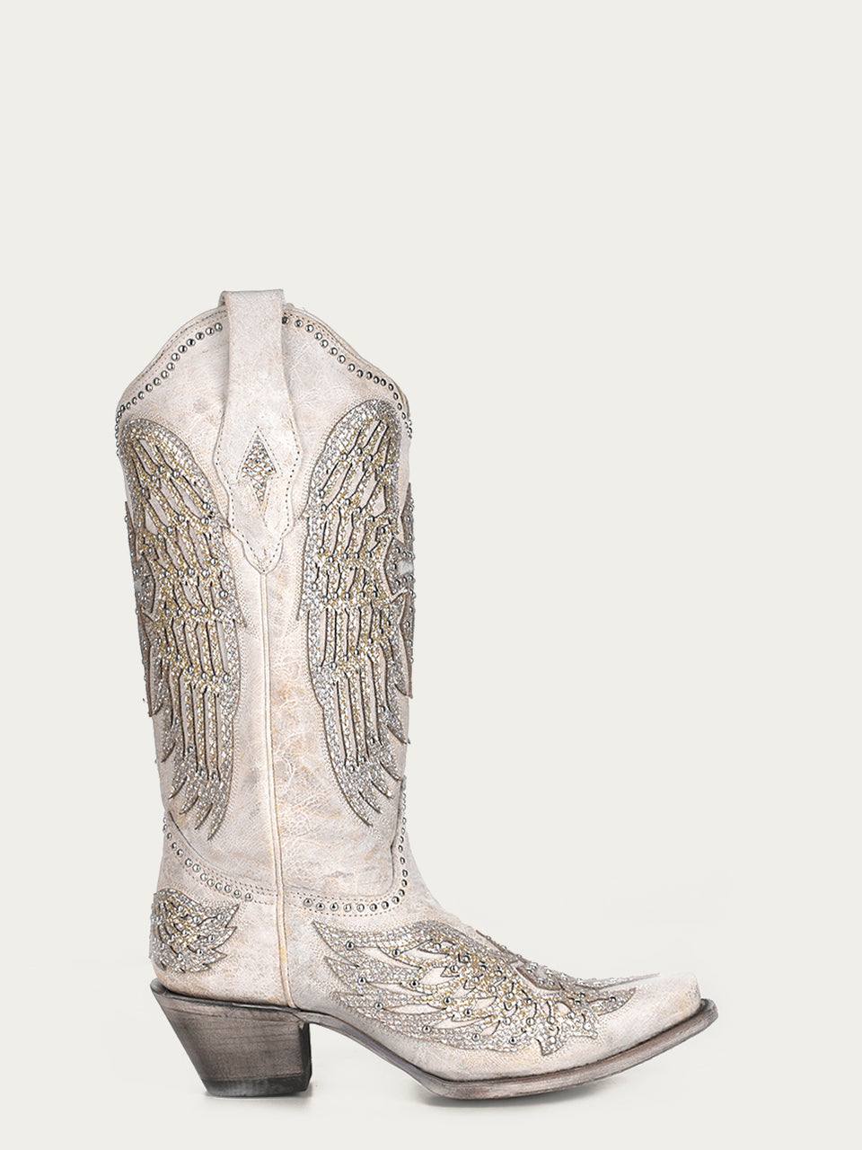 Women's Corral White Genuine Leather Boots with Cross & Wings