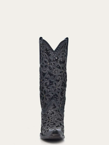 Women's Corral Black Genuine Leather Boots with Inlay & Embroidery & Studs