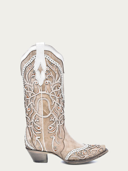 Women's Corral White Genuine Leather Boots with Overlay & Embroidery & Studs & Crystals