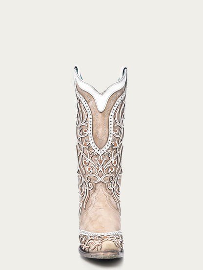 Women's Corral White Genuine Leather Boots with Overlay & Embroidery & Studs & Crystals