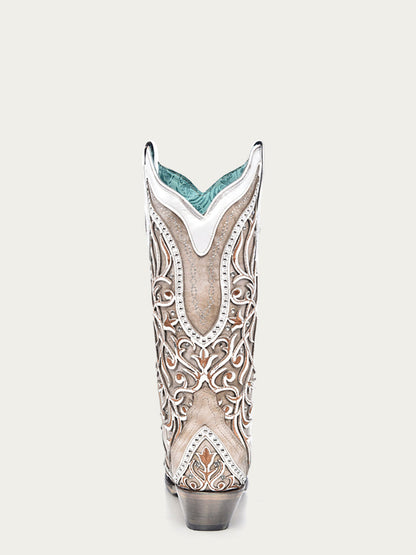 Women's Corral White Genuine Leather Boots with Overlay & Embroidery & Studs & Crystals