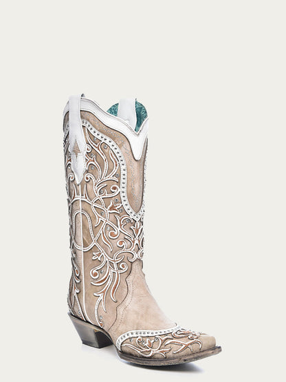 Women's Corral White Genuine Leather Boots with Overlay & Embroidery & Studs & Crystals