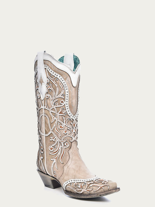 Women's Corral White Genuine Leather Boots with Overlay & Embroidery & Studs & Crystals