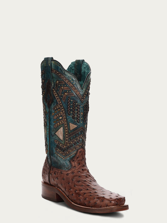 Women's Corral Brown Genuine Full Quill Ostrich Boots with Turquoise Overlay & Embroidery & Studs & Woven