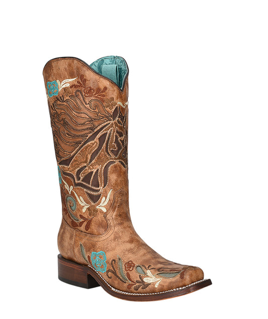 Women's Corral Sand Genuine Leather Boots with Horse Inlay & Multicolor Embroidery Iridescent Collection