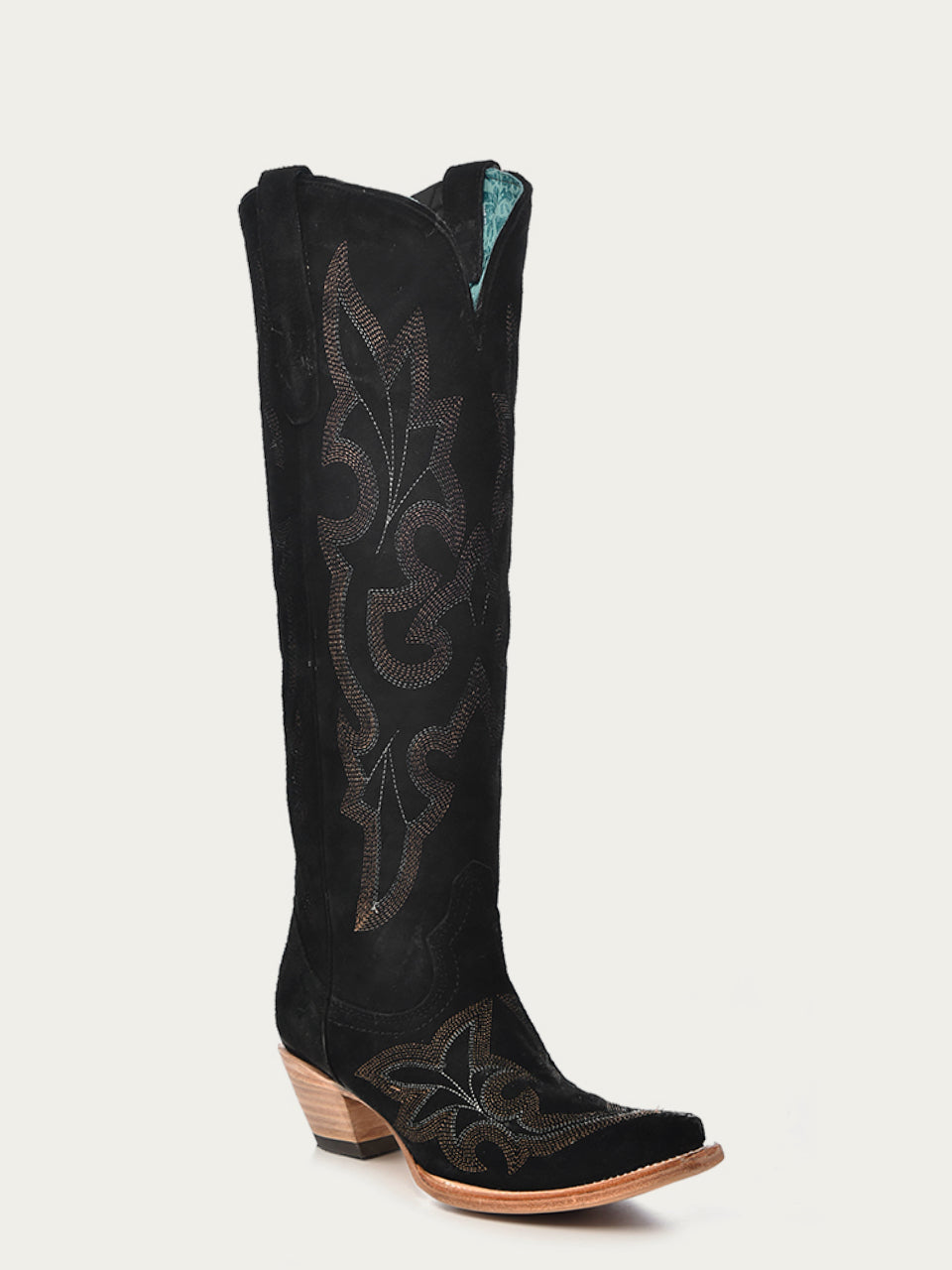 Women's Corral Black Genuine Suede Leather Boots with Embroidery