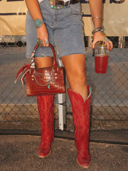 Women's Corral Red Genuine Leather Boots with Embroidery