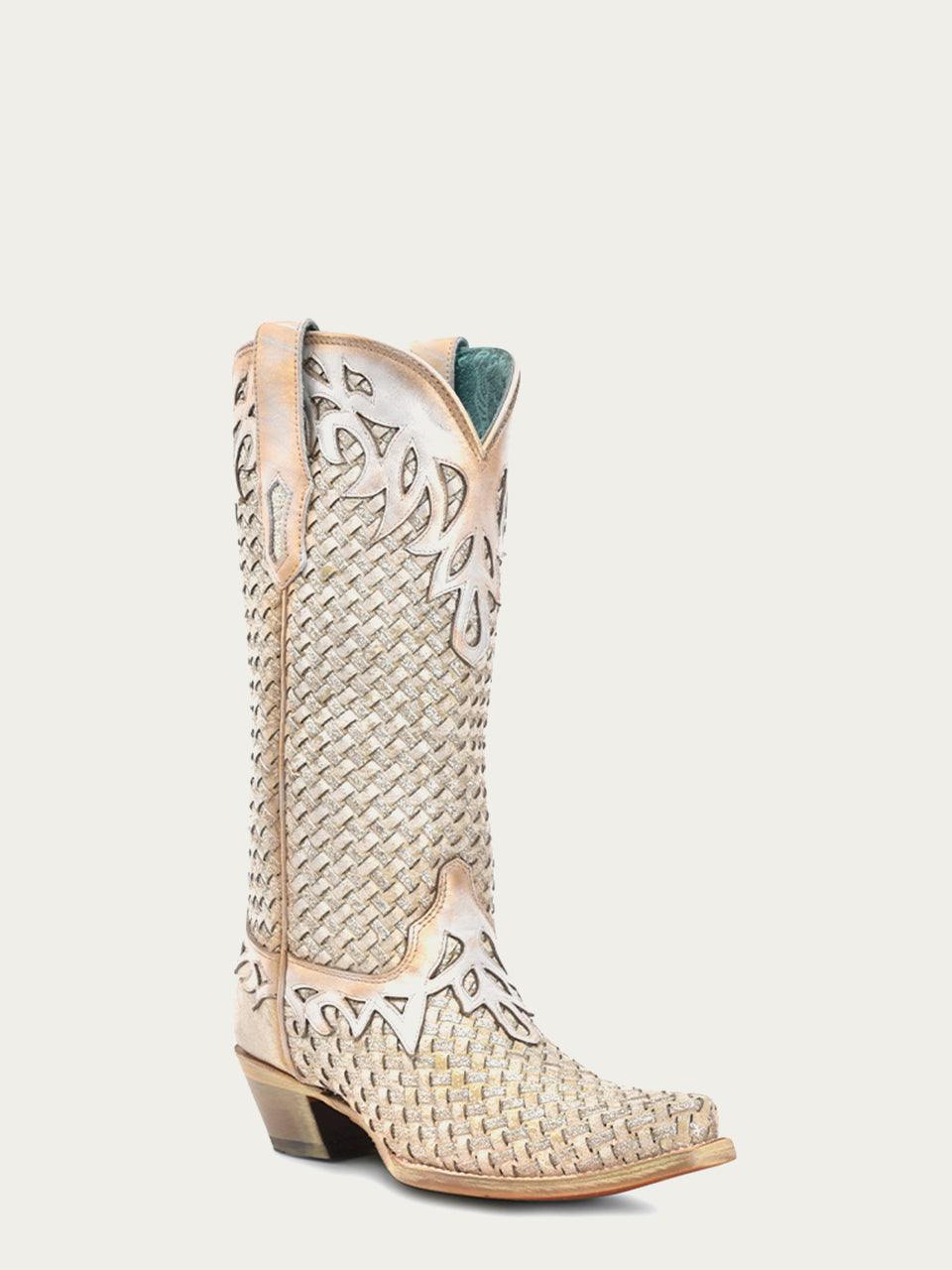 Women's Corral White Genuine Leather Boots with Glitter Woven & Overlay