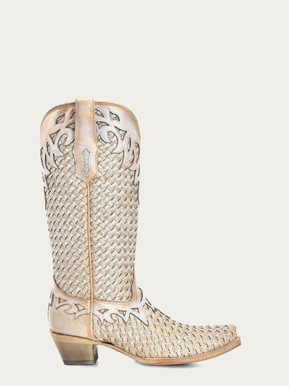 Women's Corral White Genuine Leather Boots with Glitter Woven & Overlay