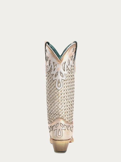 Women's Corral White Genuine Leather Boots with Glitter Woven & Overlay