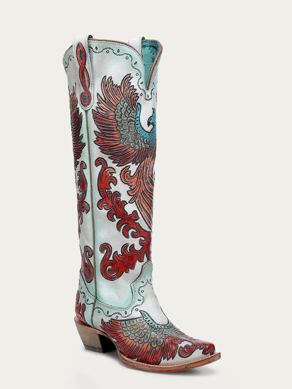 Women's Corral White Genuine Leather Boots with Hand Tooled & Hand Painted Fire Phoenix