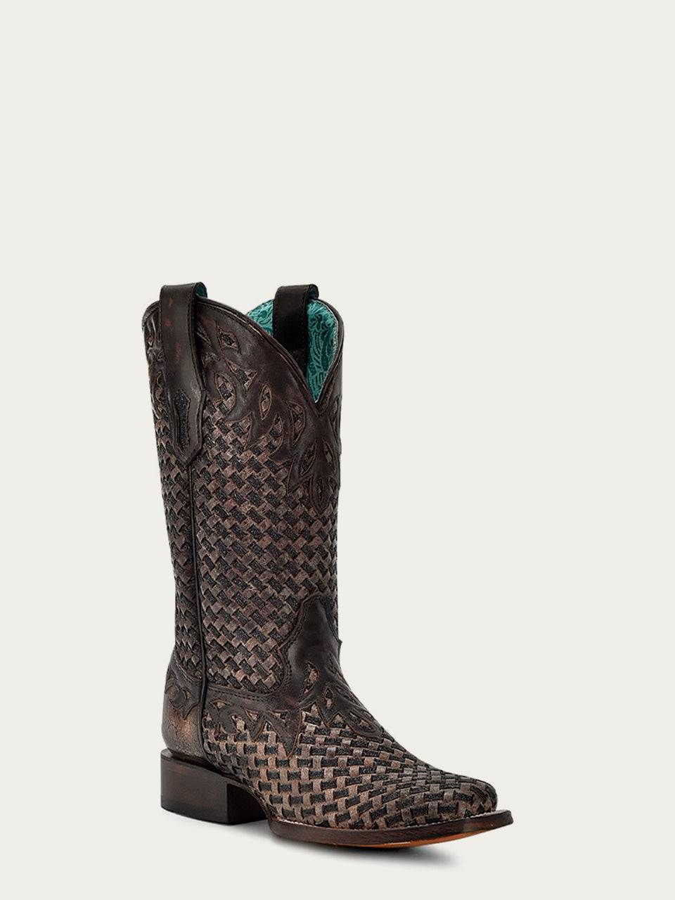 Women's Corral Chocolate Genuine Leather Boots with Glitter Woven & Overla