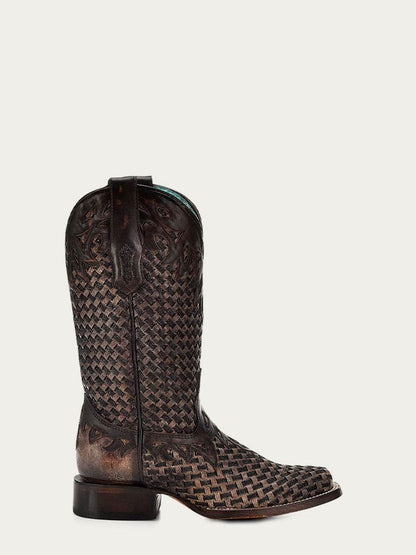 Women's Corral Chocolate Genuine Leather Boots with Glitter Woven & Overla