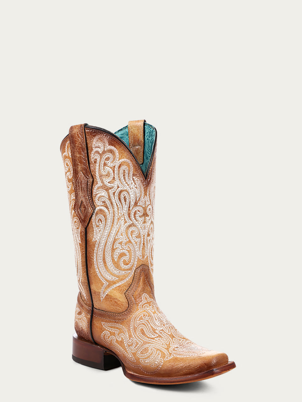 Women's Corral Straw-Blue Genuine Leather Boots with Luminescent Embroidery