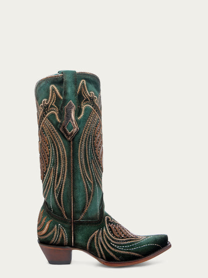 Women's Corral Green Genuine Leather Boots with Overlay & Embroidery & Studs