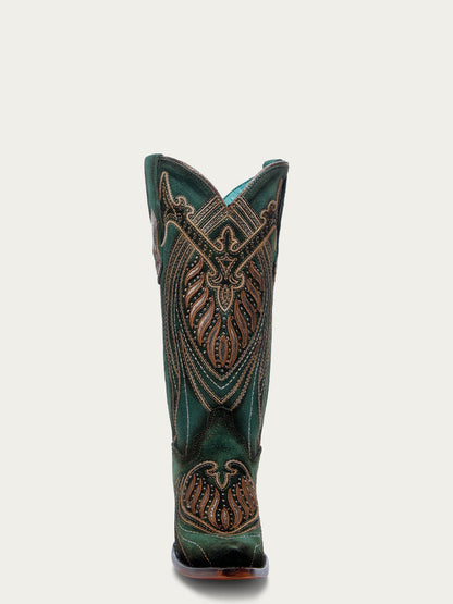 Women's Corral Green Genuine Leather Boots with Overlay & Embroidery & Studs