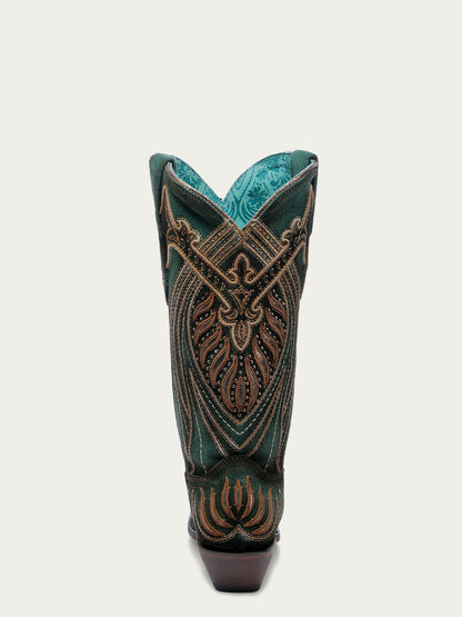 Women's Corral Green Genuine Leather Boots with Overlay & Embroidery & Studs