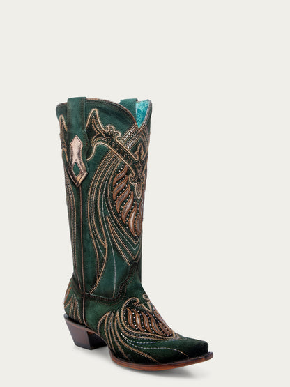 Women's Corral Green Genuine Leather Boots with Overlay & Embroidery & Studs