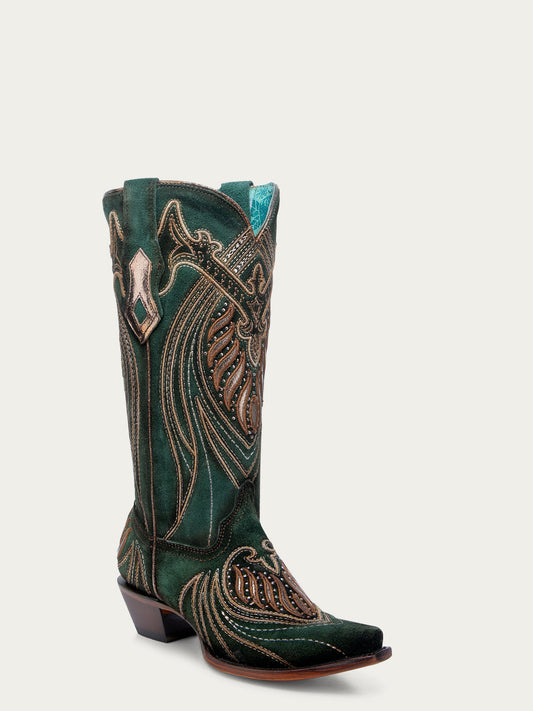 Women's Corral Green Genuine Leather Boots with Overlay & Embroidery & Studs