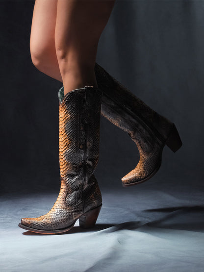 Women's Corral Saddle Genuine Python Boots with Blue Full Tall Top