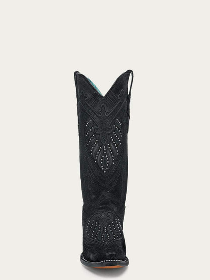 Women's Corral Black Genuine Leather Boots with Overlay & Embroidery & Studs