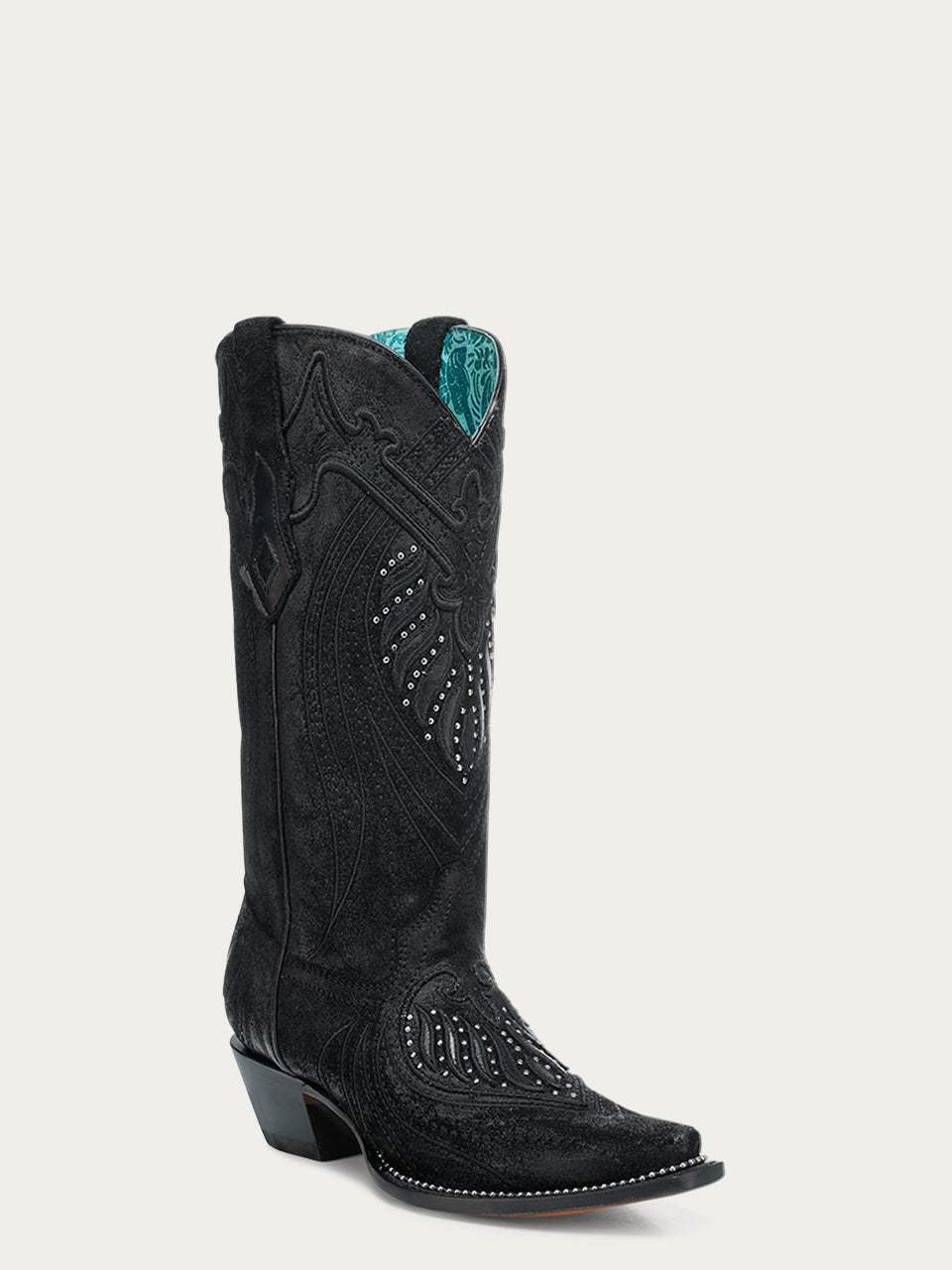 Women's Corral Black Genuine Leather Boots with Overlay & Embroidery & Studs