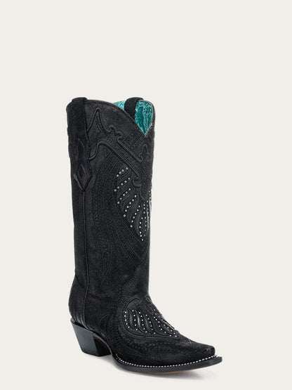 Women's Corral Black Genuine Leather Boots with Overlay & Embroidery & Studs