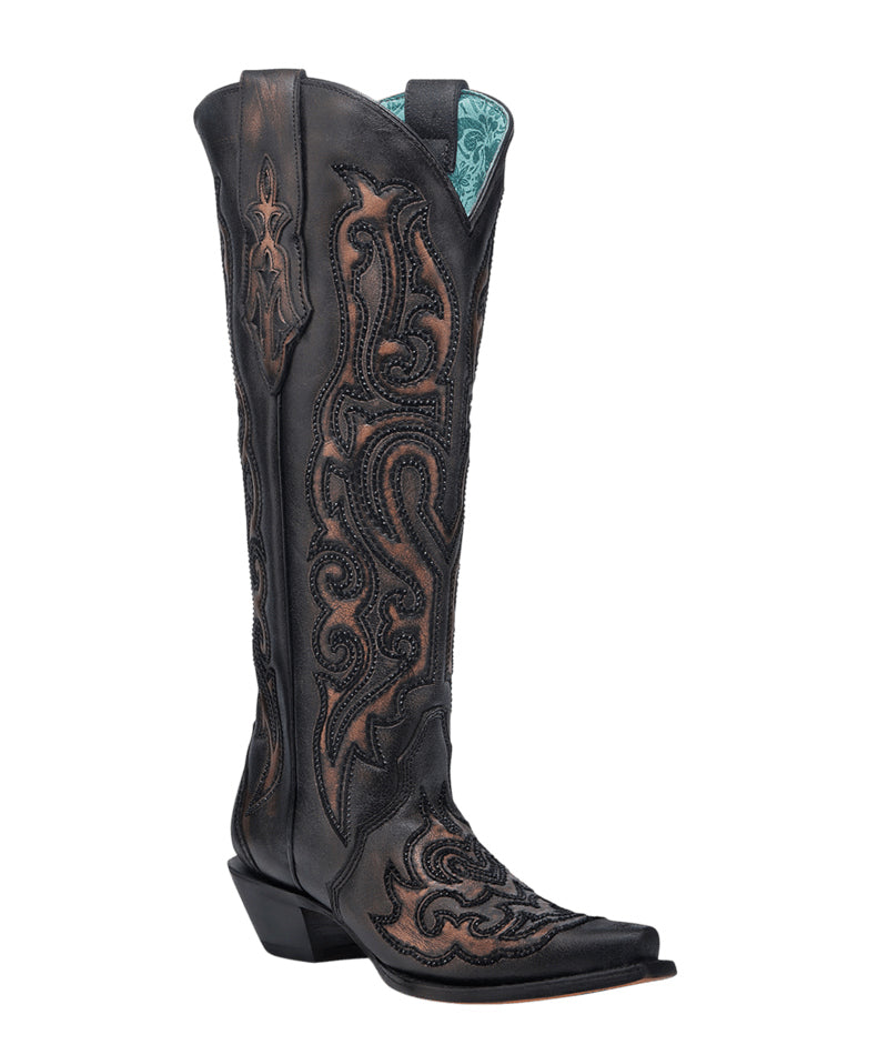 Women's Corral Black Genuine Leather Boots with Bronze Embroidery & Crystals Tall Top