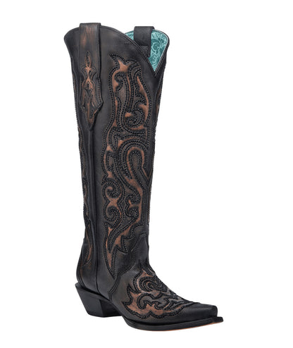 Women's Corral Black Genuine Leather Boots with Bronze Embroidery & Crystals Tall Top