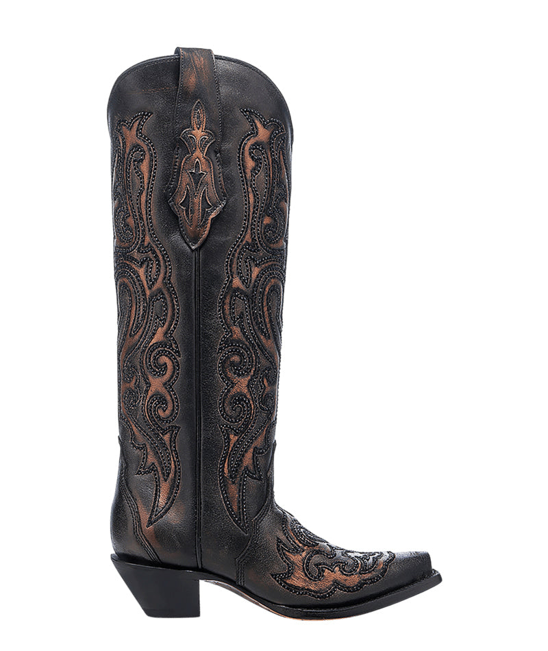 Women's Corral Black Genuine Leather Boots with Bronze Embroidery & Crystals Tall Top