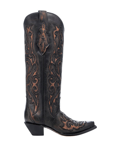 Women's Corral Black Genuine Leather Boots with Bronze Embroidery & Crystals Tall Top