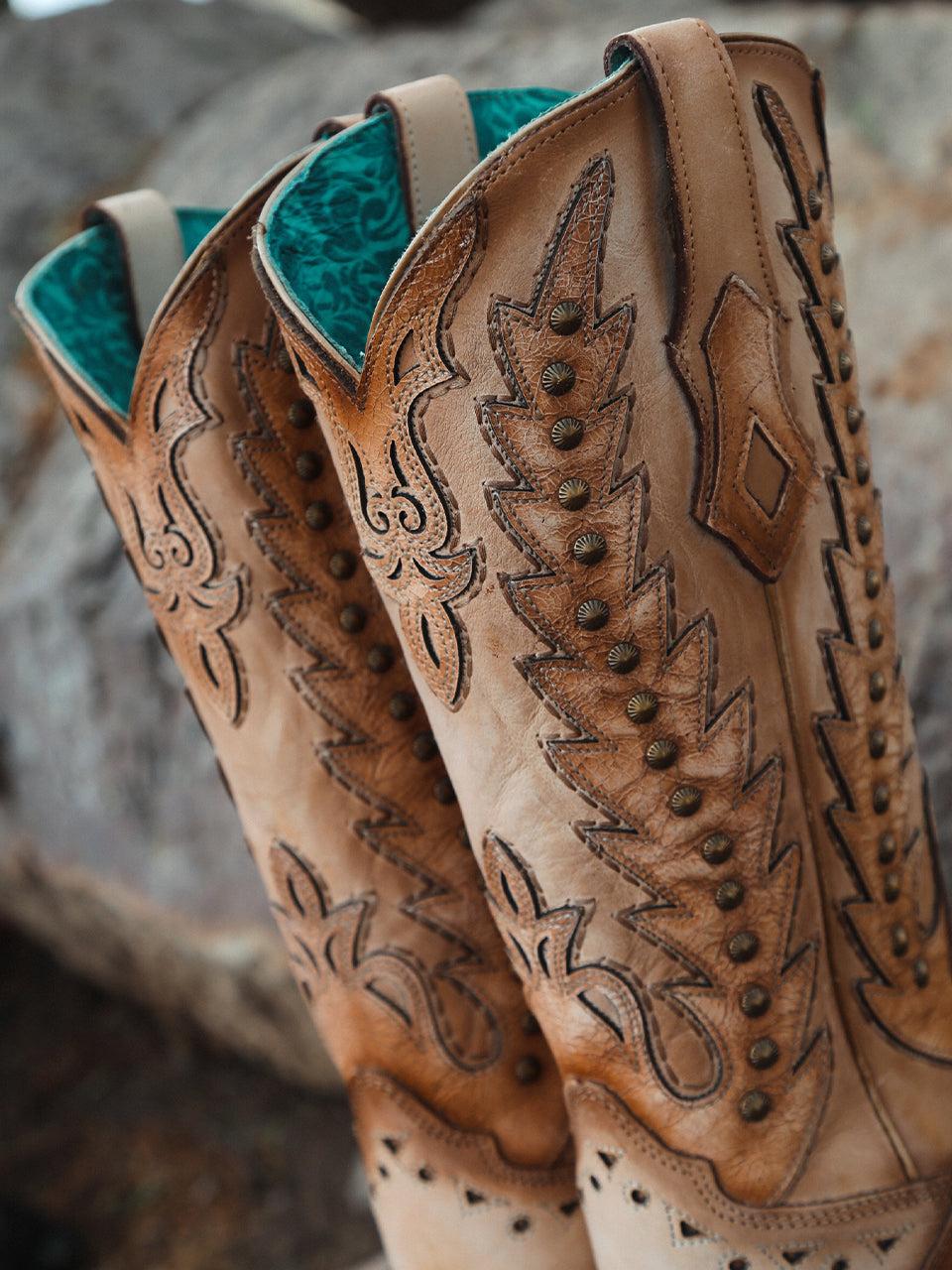 Women's Corral Sand Genuine Leather Boots with Embroidery & Overlay & Studs Wing Tip