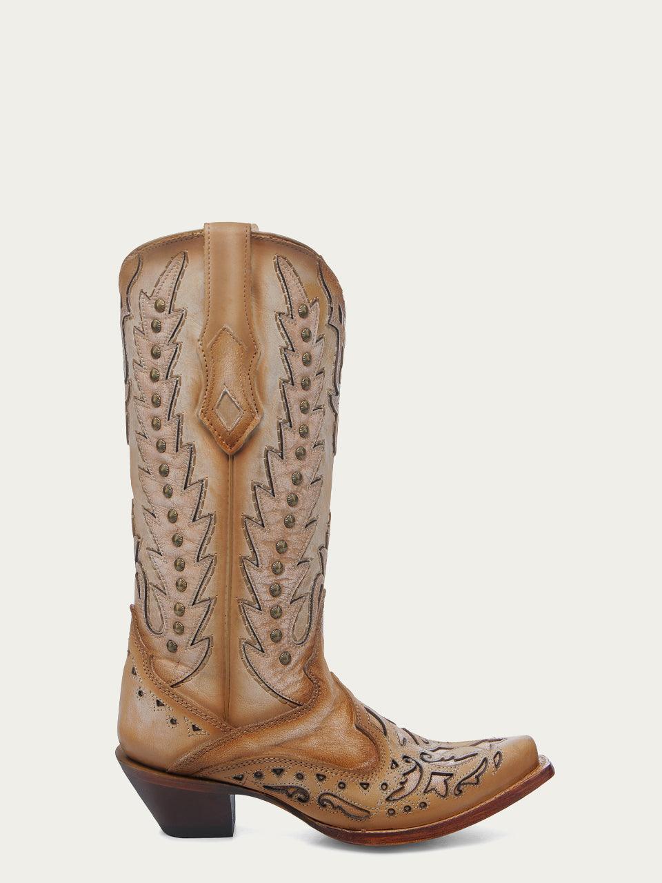 Women's Corral Sand Genuine Leather Boots with Embroidery & Overlay & Studs Wing Tip