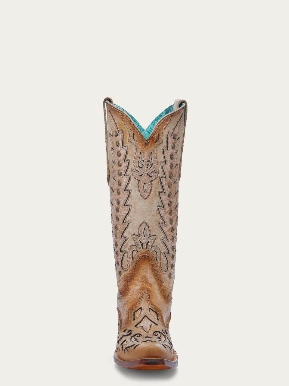 Women's Corral Sand Genuine Leather Boots with Embroidery & Overlay & Studs Wing Tip