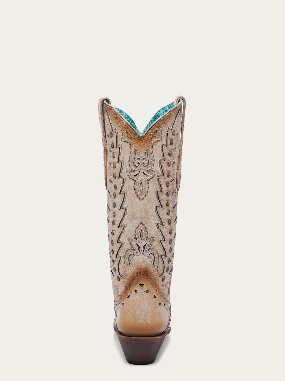 Women's Corral Sand Genuine Leather Boots with Embroidery & Overlay & Studs Wing Tip