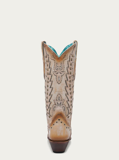 Women's Corral Sand Genuine Leather Boots with Embroidery & Overlay & Studs Wing Tip
