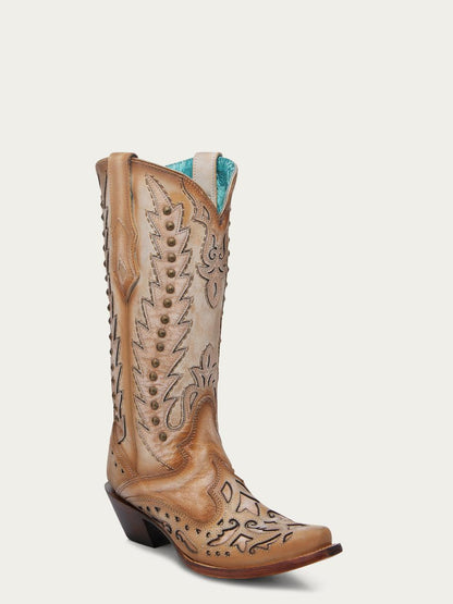 Women's Corral Sand Genuine Leather Boots with Embroidery & Overlay & Studs Wing Tip